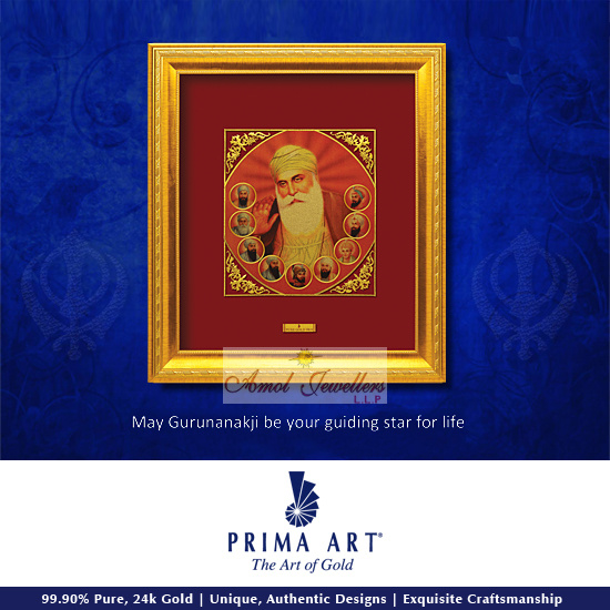 Pure 24 karat Golden Frame BA5 Gurunanakji With Nine Gurus Prima Art by Amol Jewellers LLP